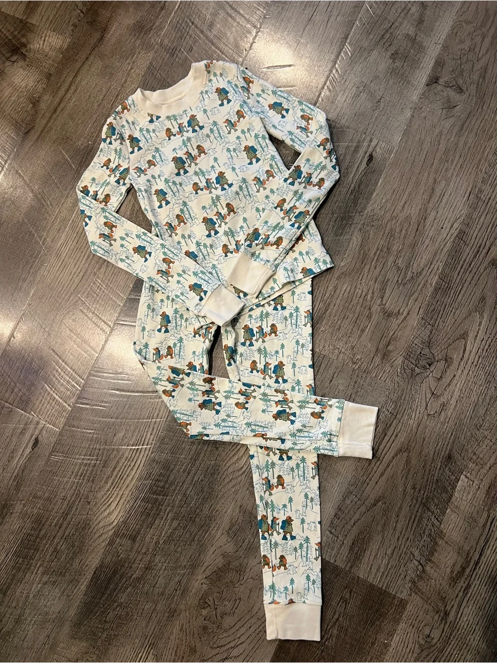 L.L. Bean Kids Cream Pajama Set with Teal and Brown Forest Print